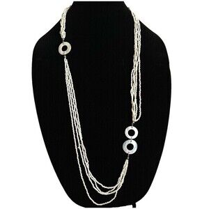 Handmade Cream Glass Bead Multi-Strand Long Necklace w/ Mother of Pearl Circles‎